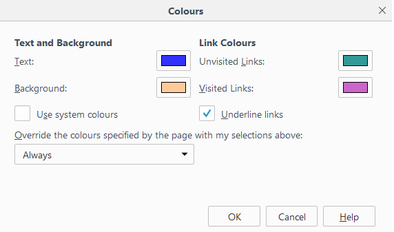 Screenshot of Marian's browser colour settings, tuned for low contrast