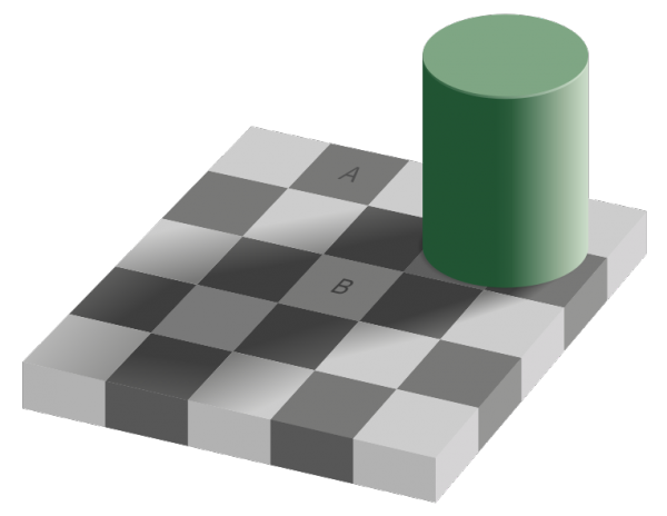 optical illusion. a chess board with two squares that look like different colours but are the same