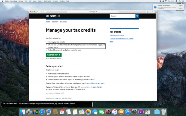 Screenshot of VoiceOver’s rotor and caption window on the Manage your tax credits start page. An outline box is displayed around what Voiceover currently has in focus. At the bottom of the screen a caption window is displayed, which updates every time VoiceOver announces something new.