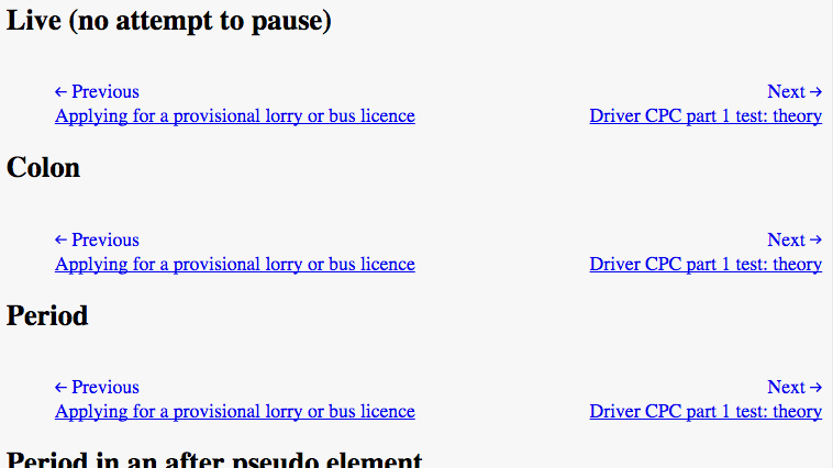 A test page showing 3 different navigation options - one with no hidden punctuation, one with a hidden colon and one with a hidden period