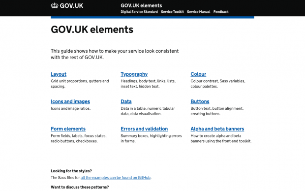 A screenshot of the GOV.UK Elements page