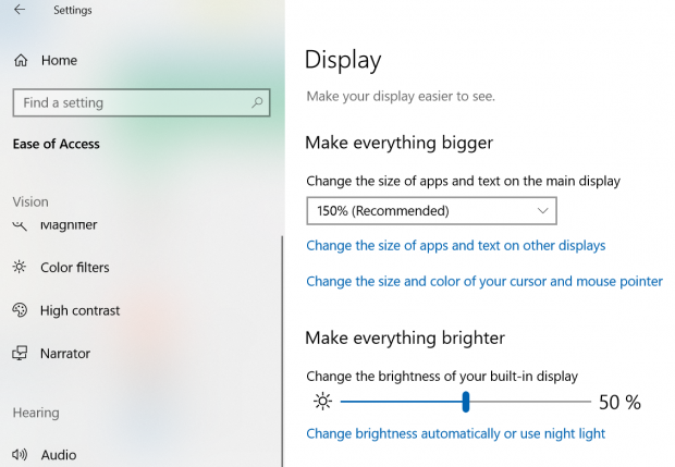 Windows Ease of Access settings, showing the option to increase the size of screen display