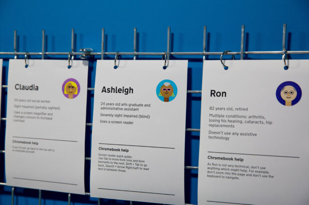 A photo of posters for the 'Claudia', 'Ashleigh' and 'Ron' personas