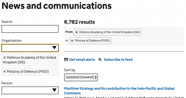 A screenshot of search results, filtered using the organisation filters 'Defence Academy of the United Kingdom (DA)' and 'Ministry of Defence (MOD)'