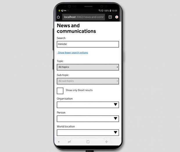 A picture of a phone showing 'News and communications' as a heading and a search box underneath with 'minister' typed into it