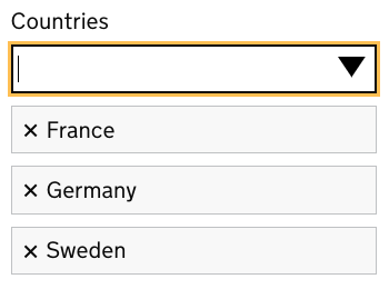 A screenshot showing 'Countries' as the heading, with a search box underneath and 'France, Germany, Sweden' as suggestions underneath that