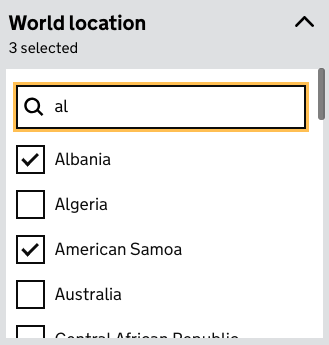 A screenshot showing the heading 'world location' with a search box with 'al' typed into it underneath, and a list of checkboxes saying 'Albania, Algeria, American Samoa, Australia' underneath, with 'Albania' and 'American Samoa' ticked