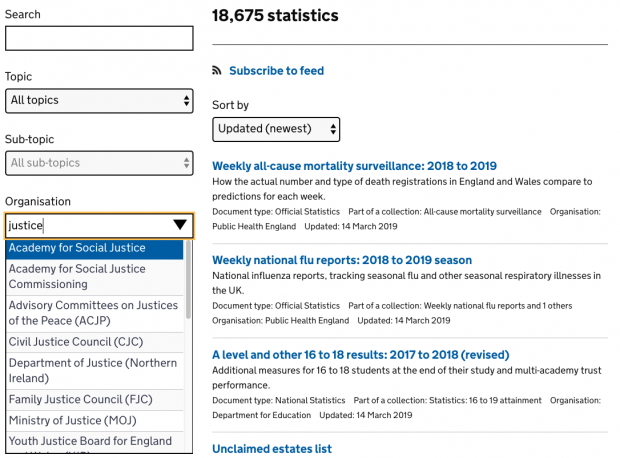 A screenshot with a search box with 'justice' typed into it, showing 'Academy for Social Justice' highlighted as a suggestion