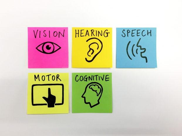 Vision, hearing, speech, motor and cognitive on sticky notes