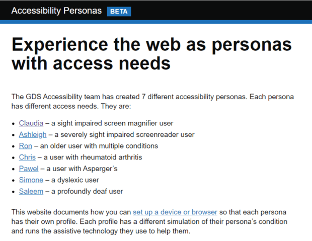Screenshot of Github instructions to 'experience the web as personas with access needs'. Lists the 7 personas and their needs.