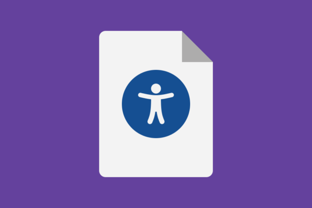 A dark blue accessibility icon placed on top of an illustration of a document, intended to represent an accessibility strategy.