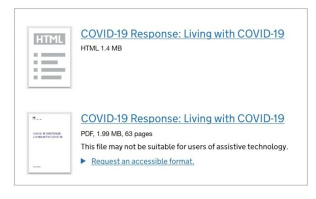 Screenshot of the gov.uk webpage about the COVID-19 response: Living with COVID-19 the document has been published in both PDF and HTML format.