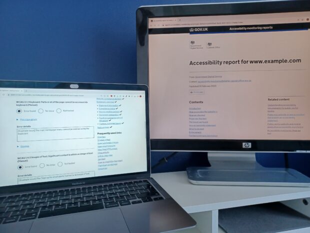 Accessibility testing set up. One laptop screen showing an accessibility test and one monitor showing a final report