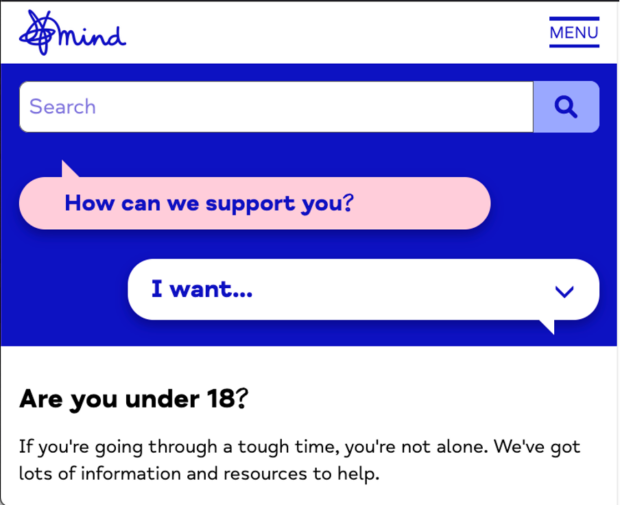 Screenshot of Mind charity website where the "Get help now" button is not shown, leaving more space for other content. 
