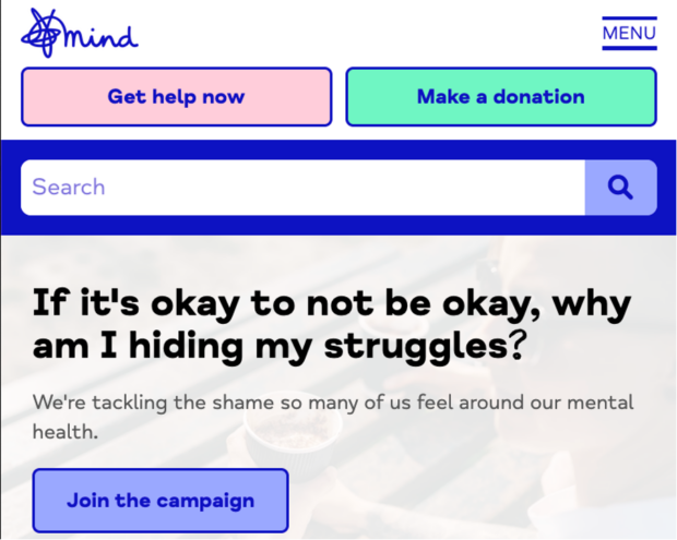 Screenshot of Mind charity website showing a "Get help now" button near the top of the page, reducing the available space for other content. 
