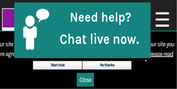 Screenshot of a web page with a large zoomed in "Need help? Chat live now" button obscuring most of the other page content. 

