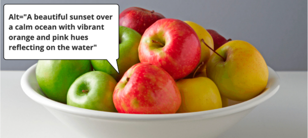A bowl of apples with a speech bubble showing an incorrect and misleading description for the image.
