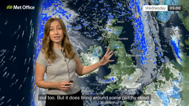 UK weather forecast presented by Honor Criswick, with captions